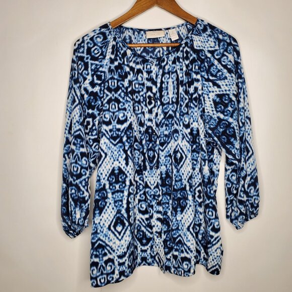 Chicos Womens Blue Geometric Abstract Button Front Blouse Size 2 US L Artsy - Picture 1 of 9